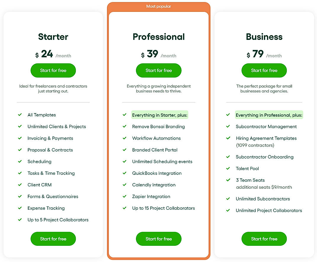 Pricing screenshot