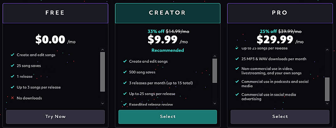 Pricing screenshot