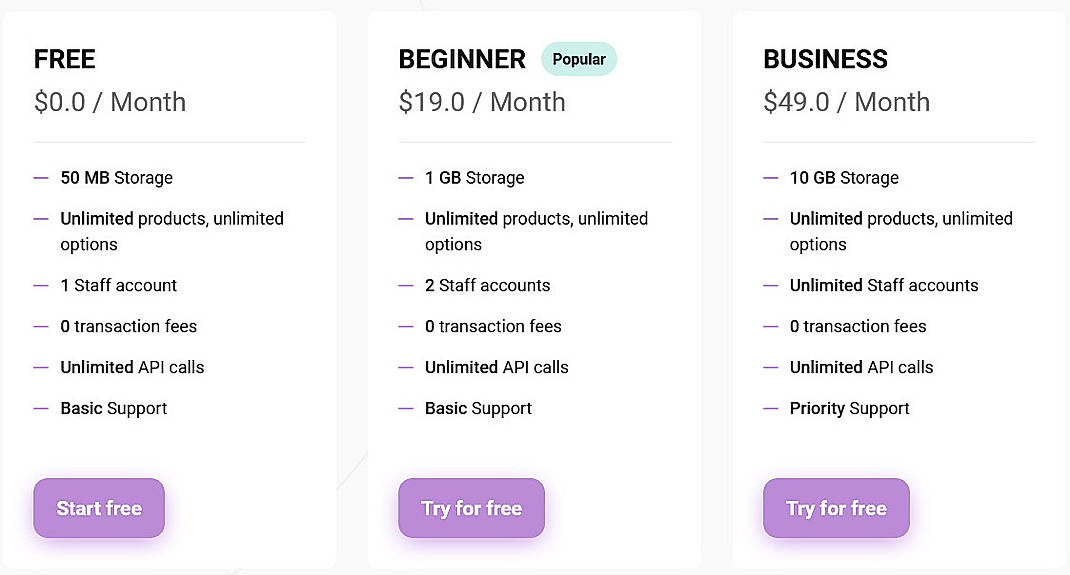Pricing screenshot