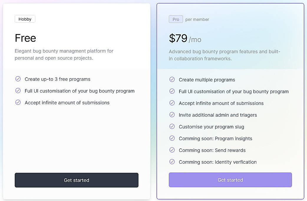 Pricing screenshot