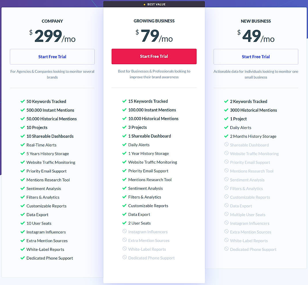 Pricing screenshot