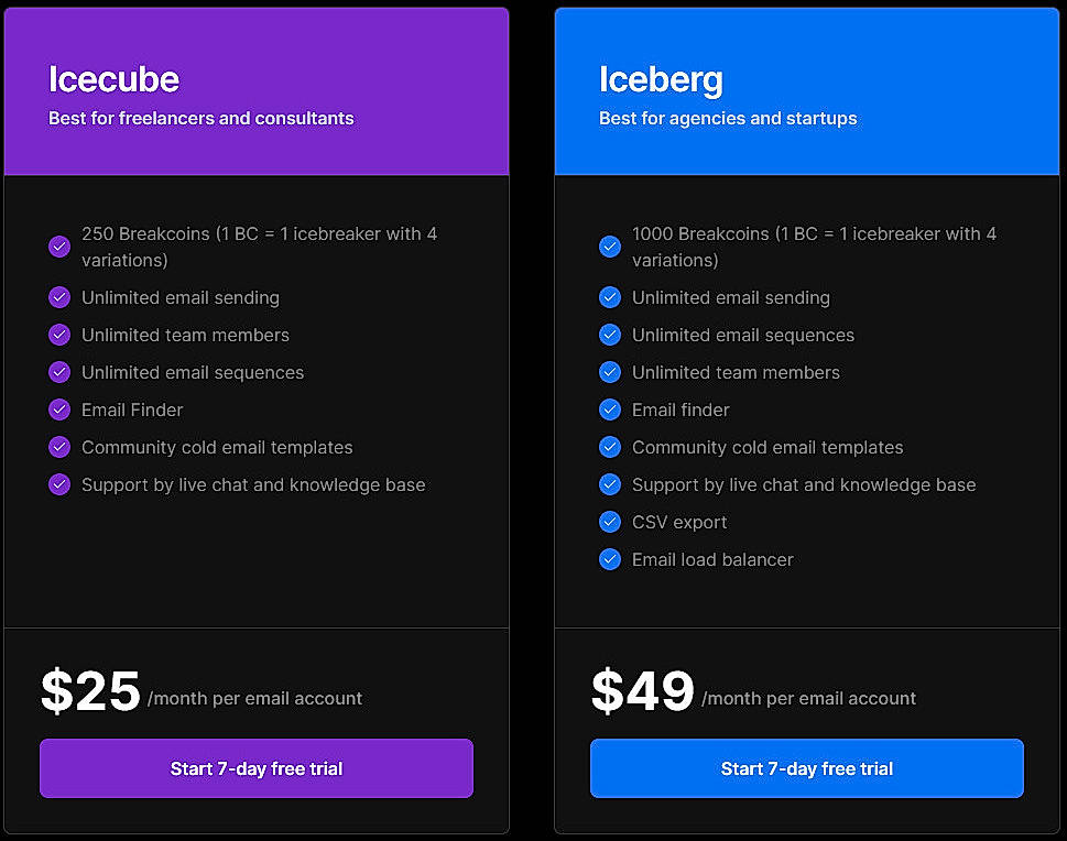 Pricing screenshot