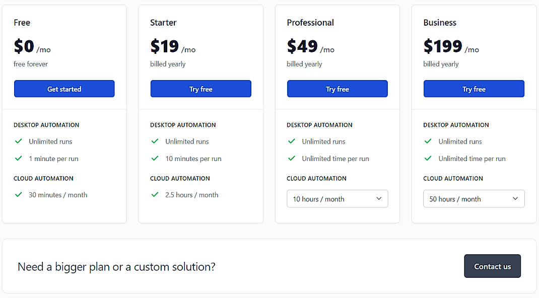 Pricing screenshot