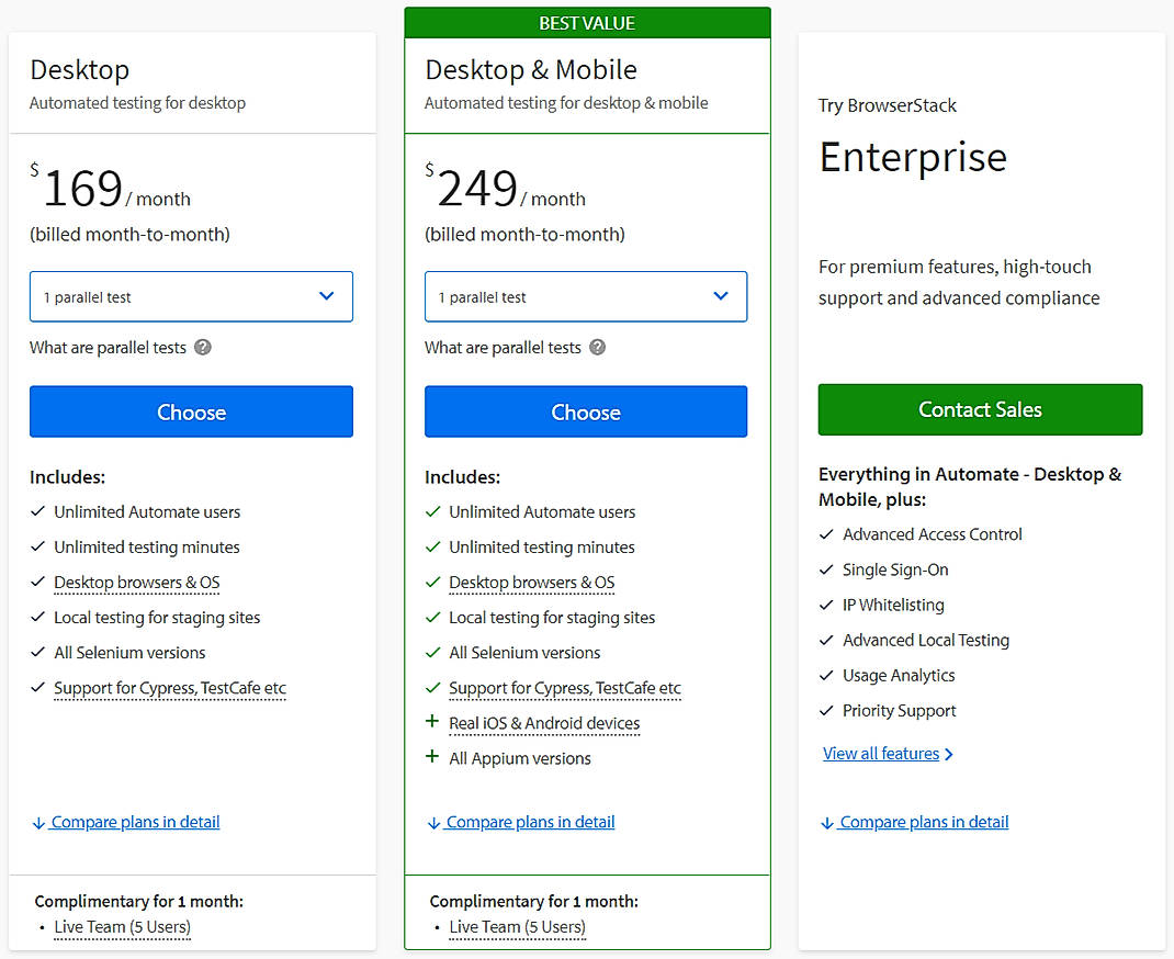 Pricing screenshot