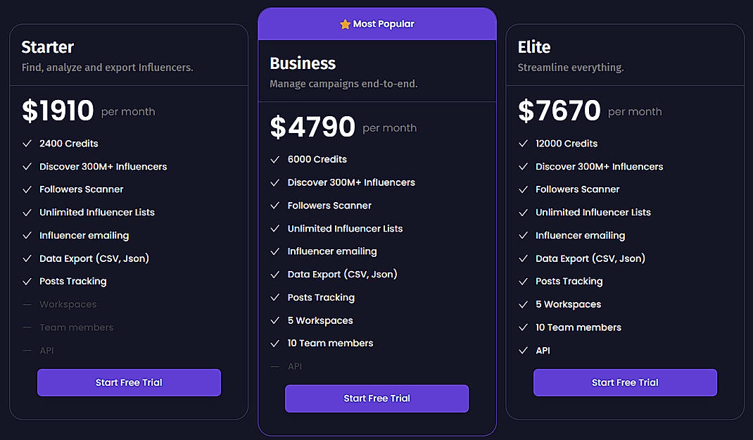 Pricing screenshot