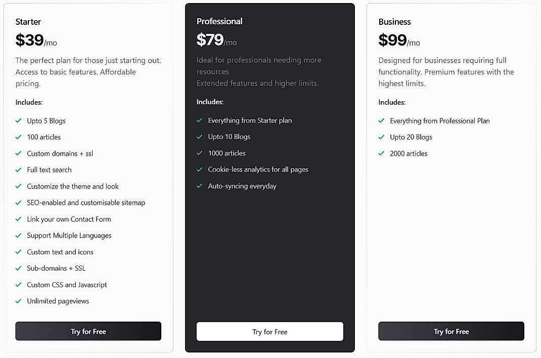 Pricing screenshot