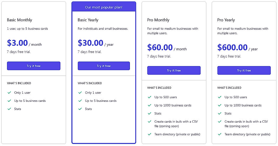 Pricing screenshot