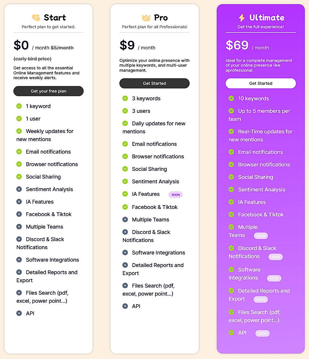Pricing screenshot