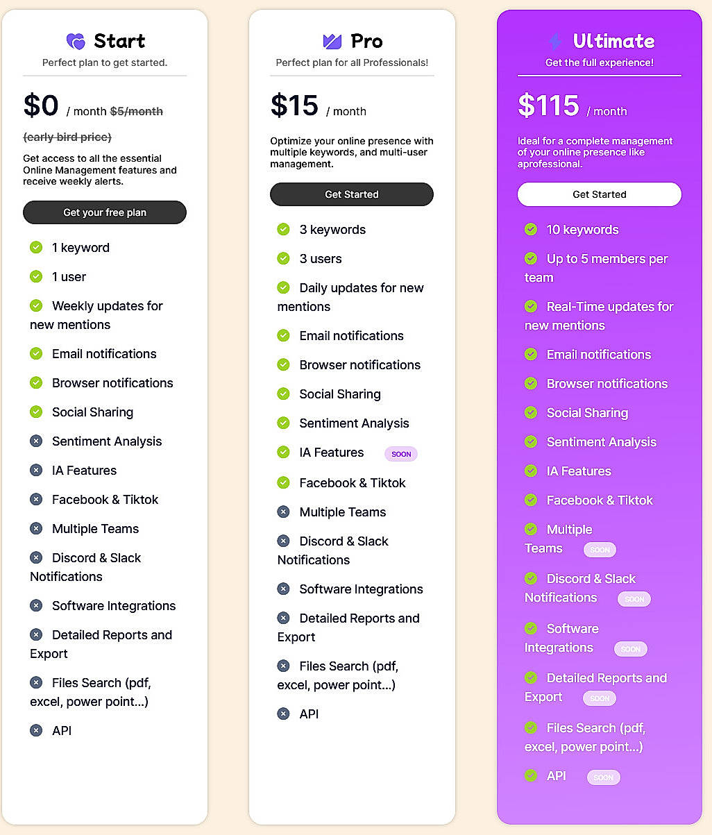 Pricing screenshot