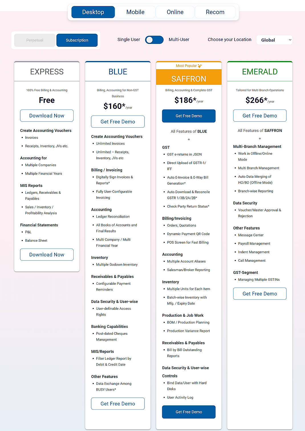 Pricing screenshot