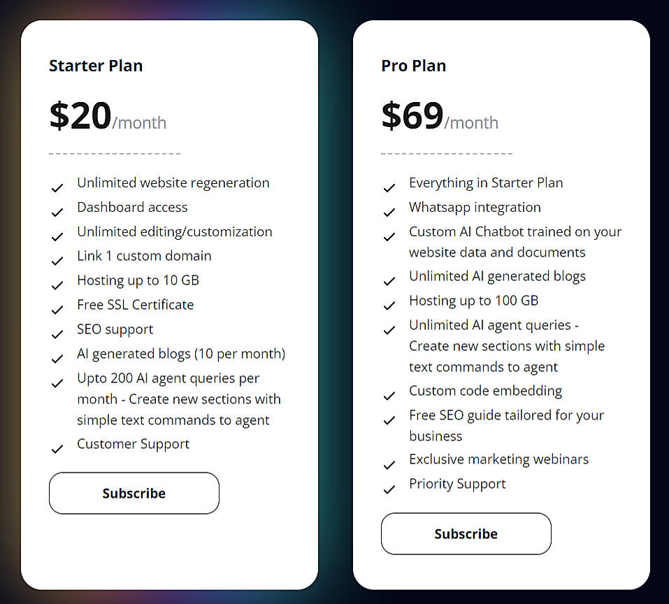 Pricing screenshot