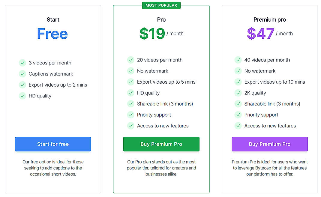 Pricing screenshot