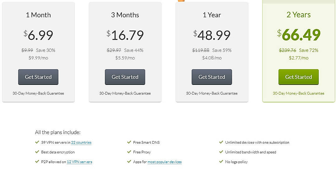 Pricing screenshot