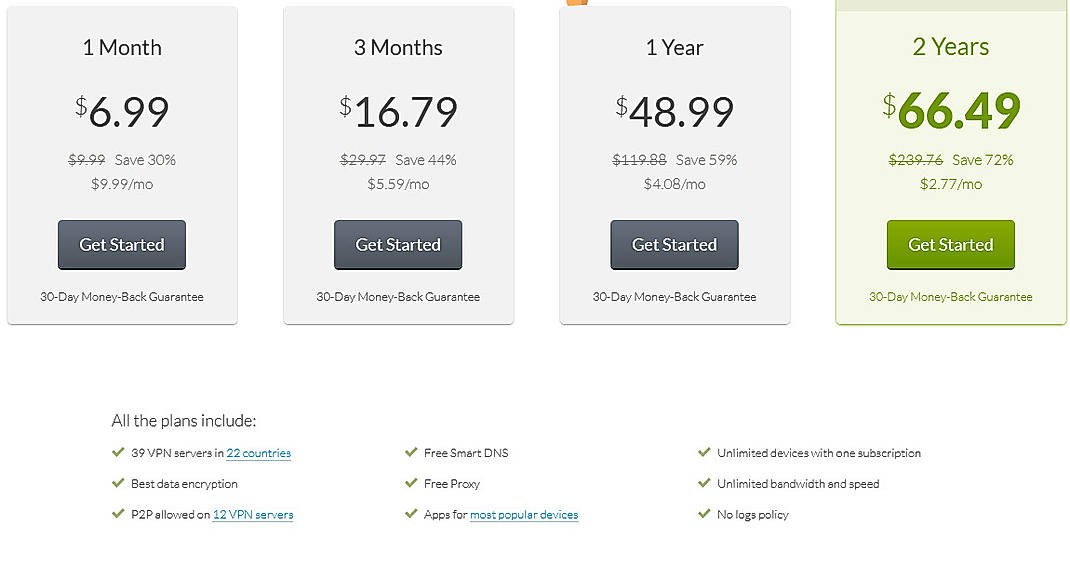 Pricing screenshot