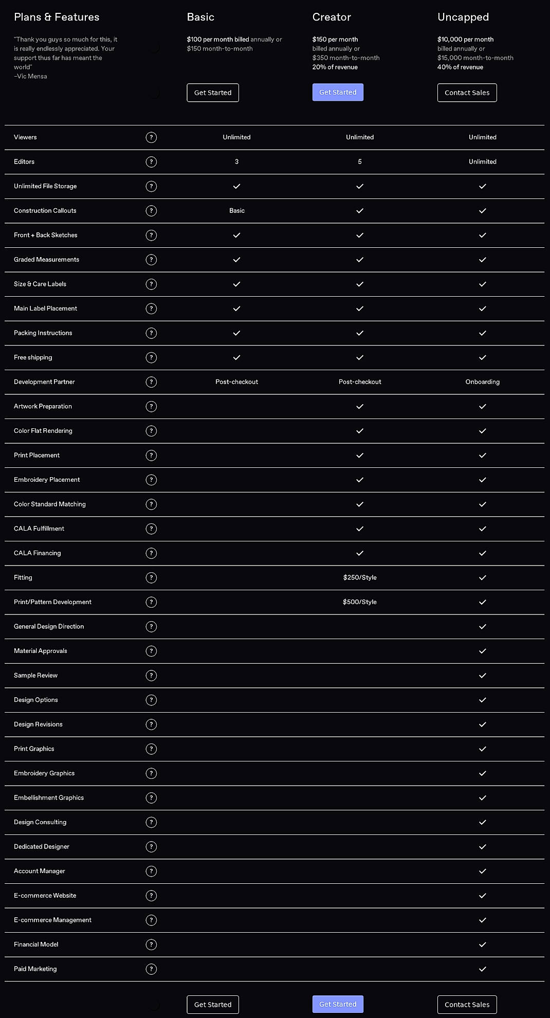 Pricing screenshot