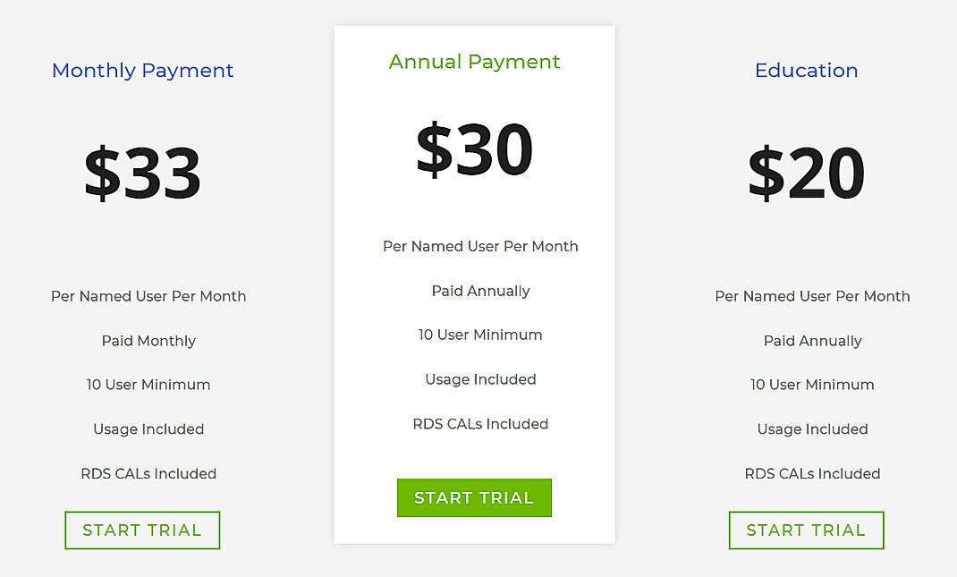 Pricing screenshot