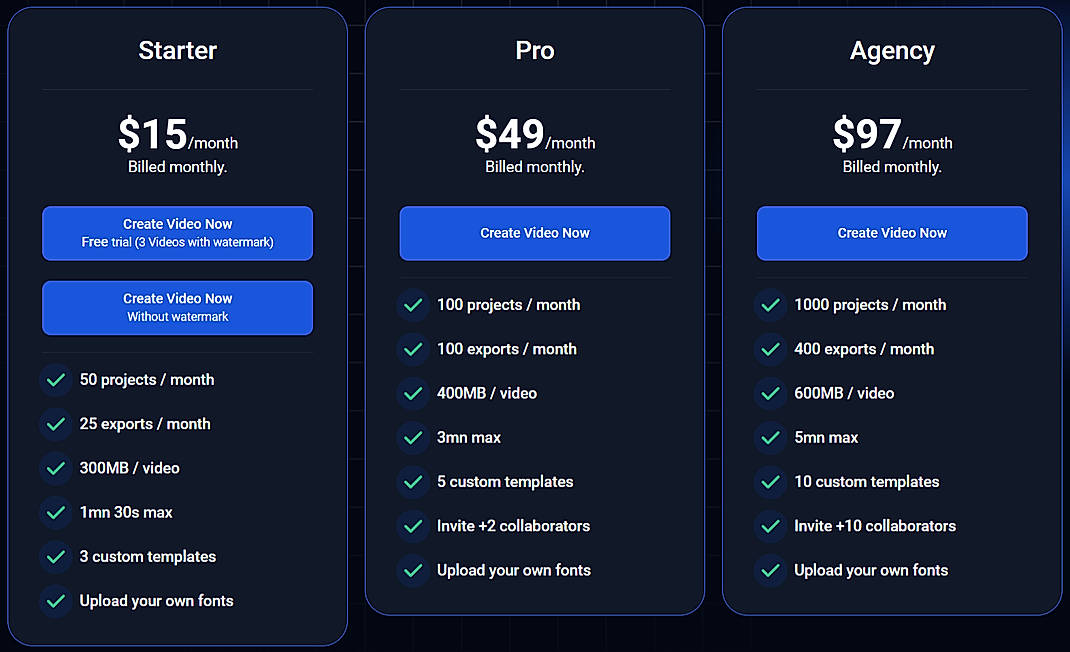 Pricing screenshot