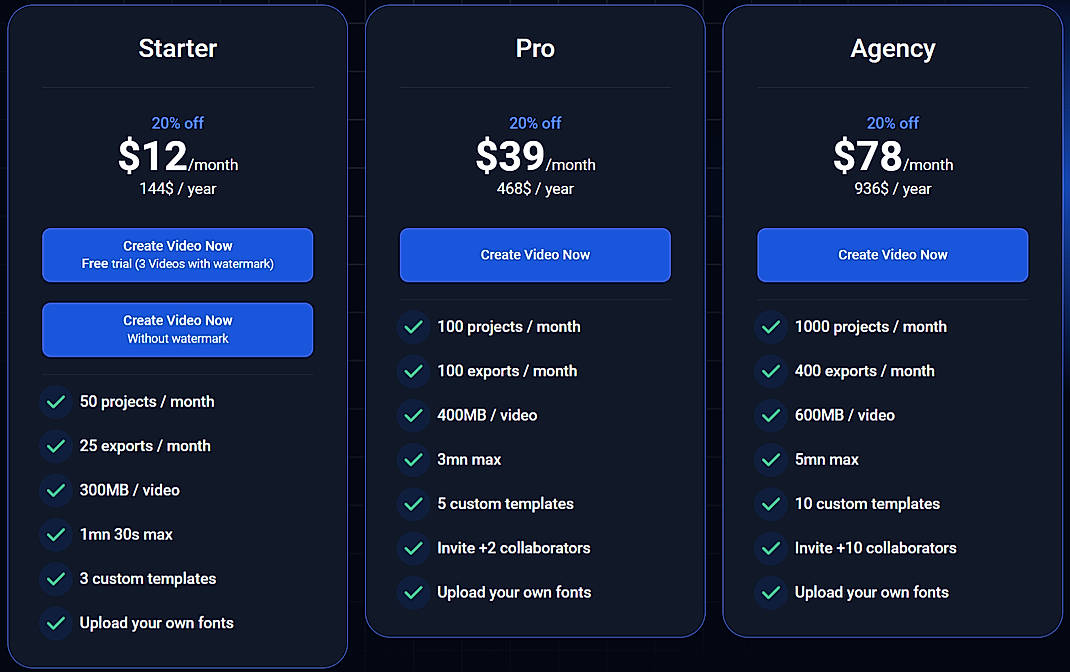Pricing screenshot