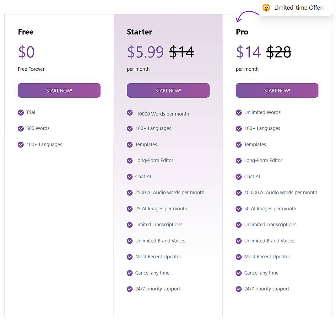 Pricing screenshot