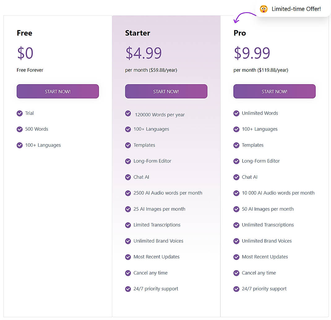 Pricing screenshot