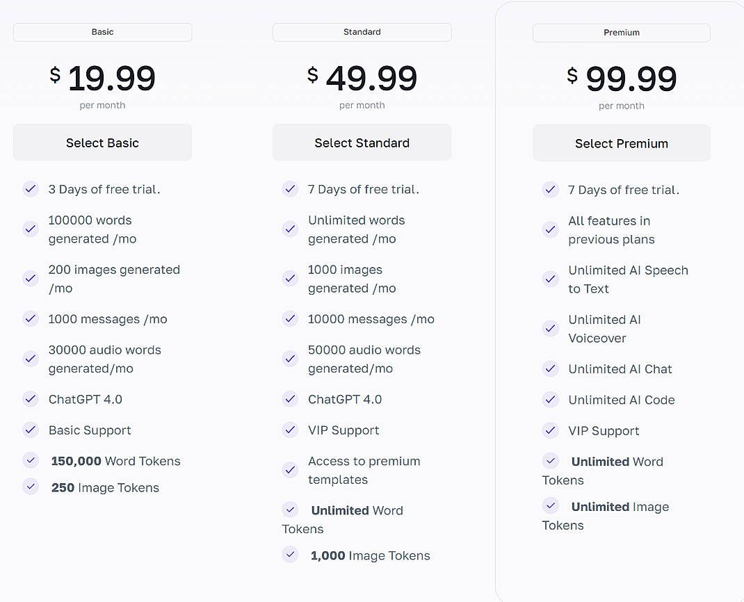 Pricing screenshot