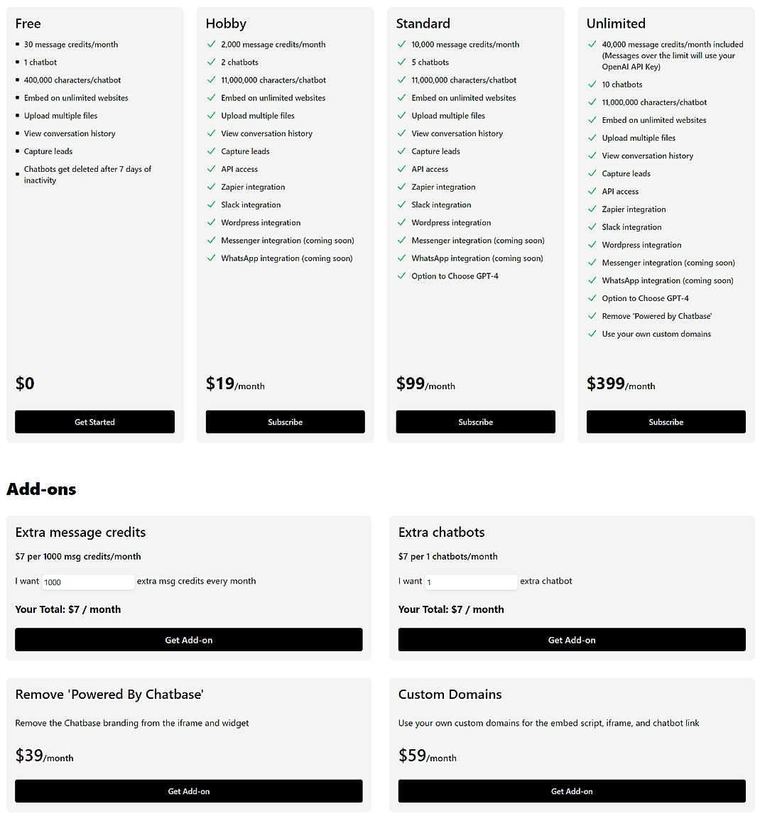 Pricing screenshot