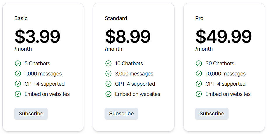 Pricing screenshot