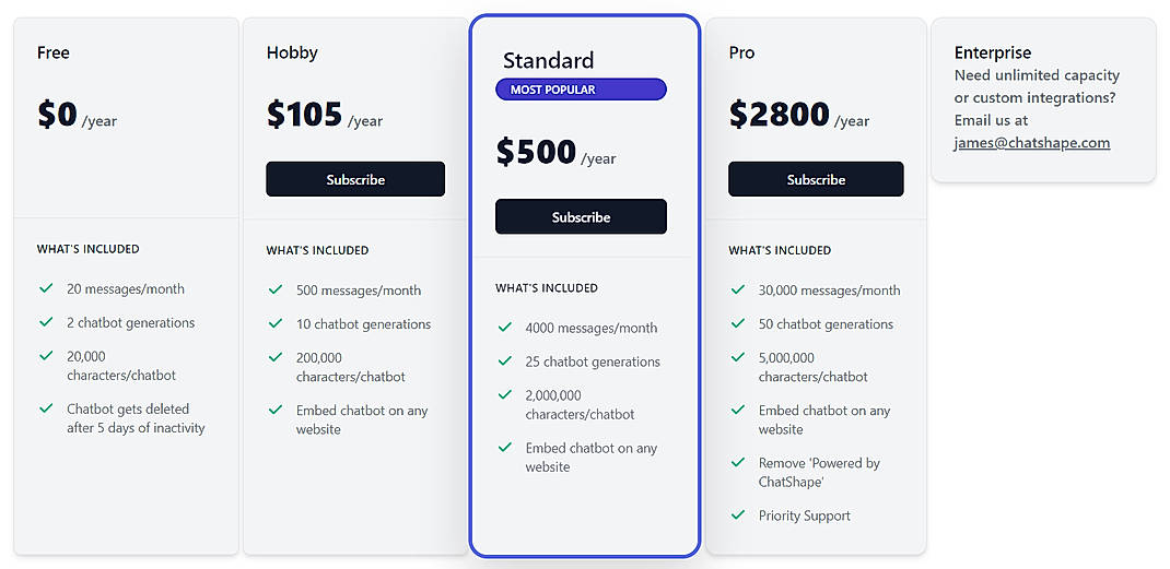 Pricing screenshot