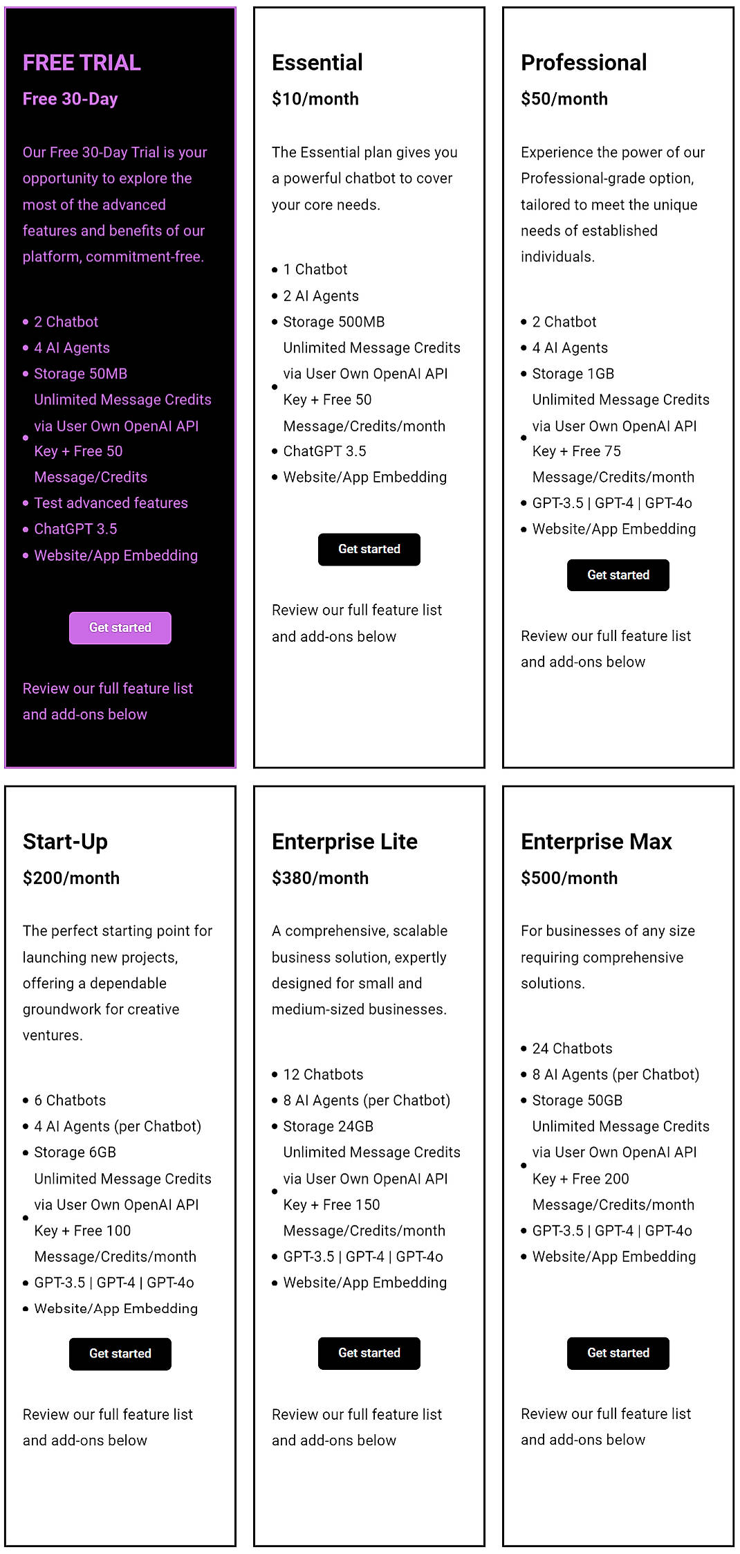Pricing screenshot