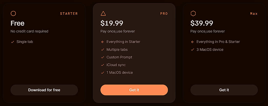 Pricing screenshot