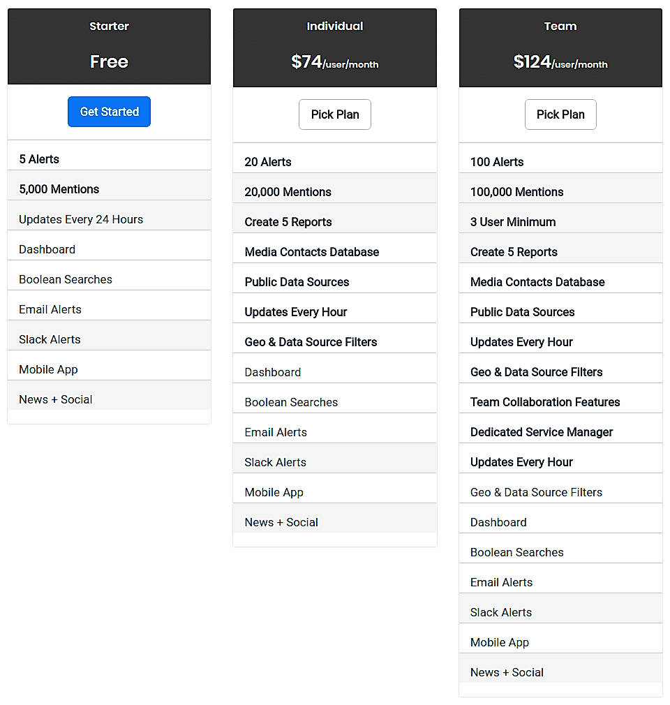 Pricing screenshot