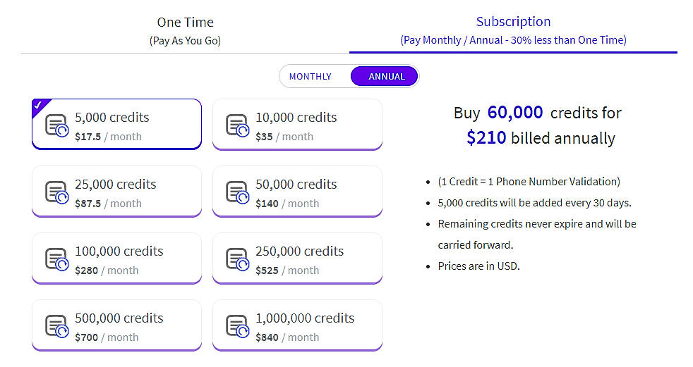 Pricing screenshot