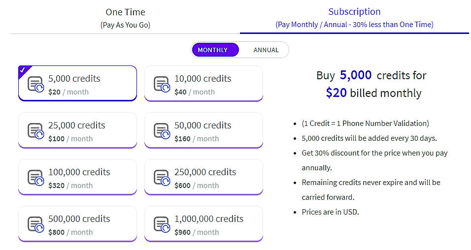 Pricing screenshot