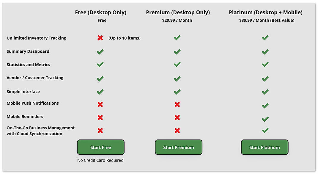 Pricing screenshot