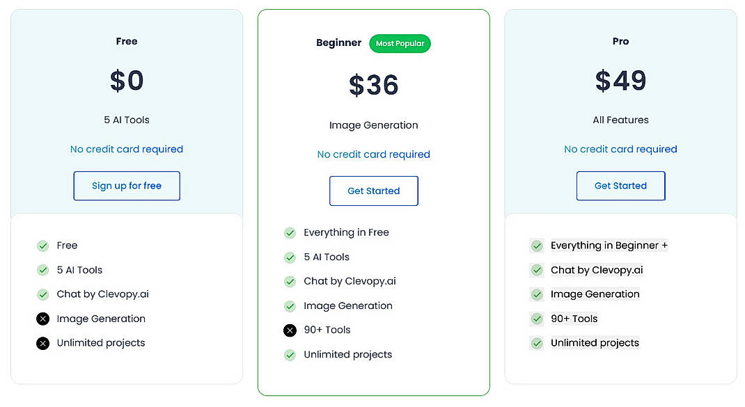 Pricing screenshot