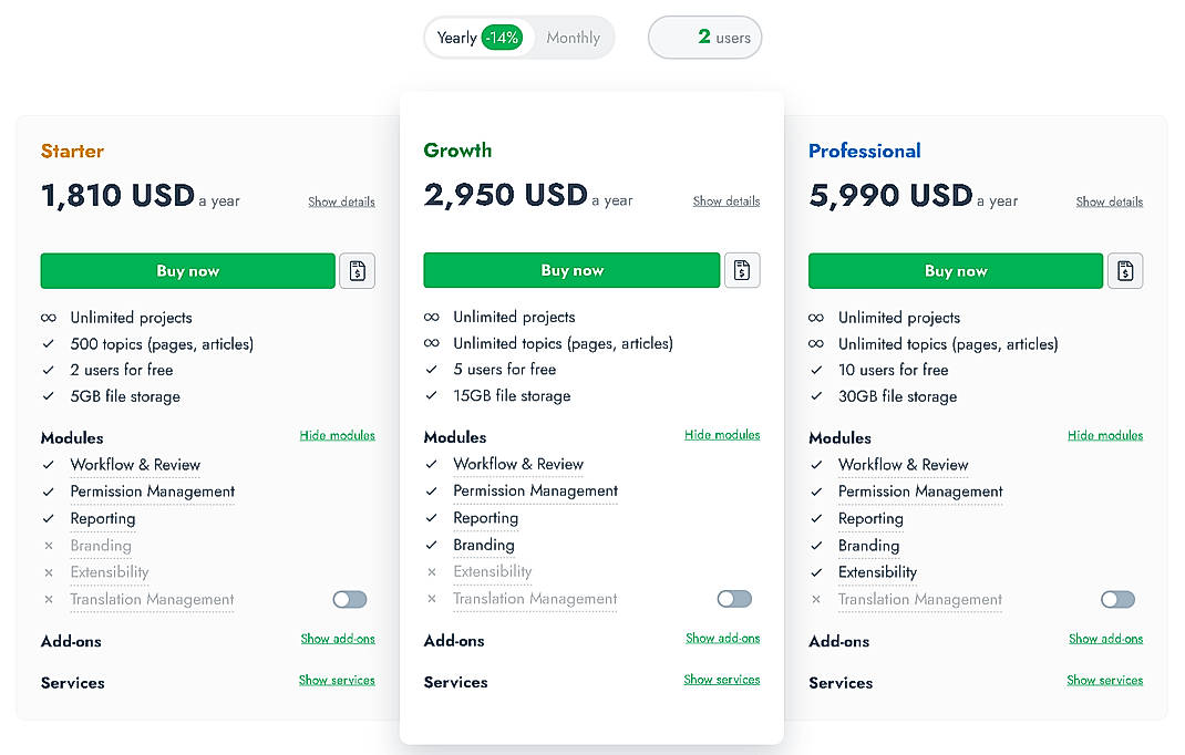 Pricing screenshot