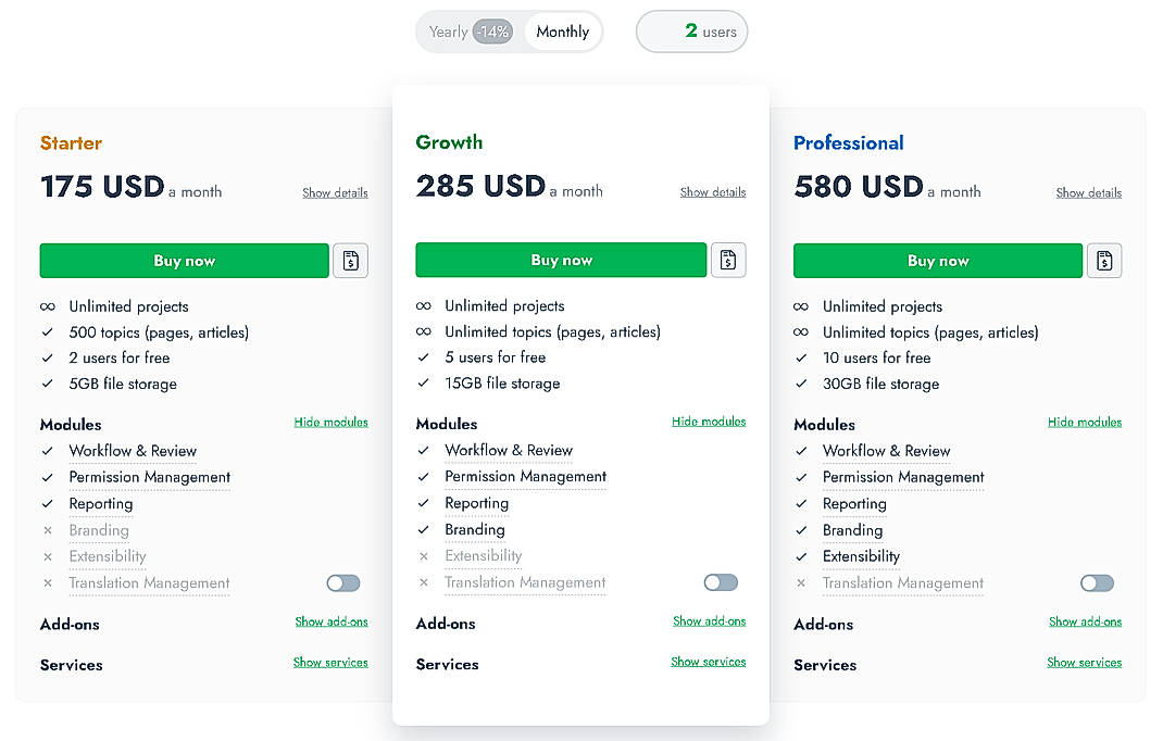 Pricing screenshot