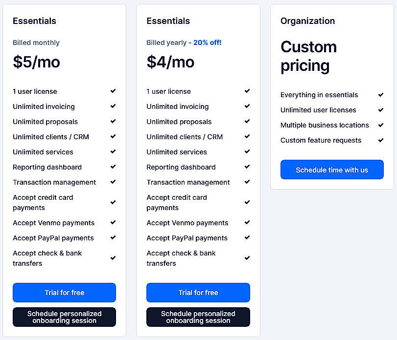 Pricing screenshot