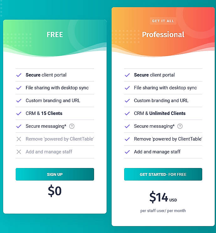 Pricing screenshot