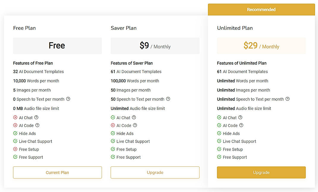 Pricing screenshot