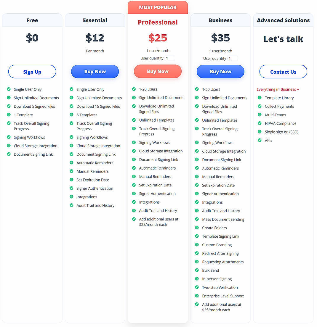 Pricing screenshot