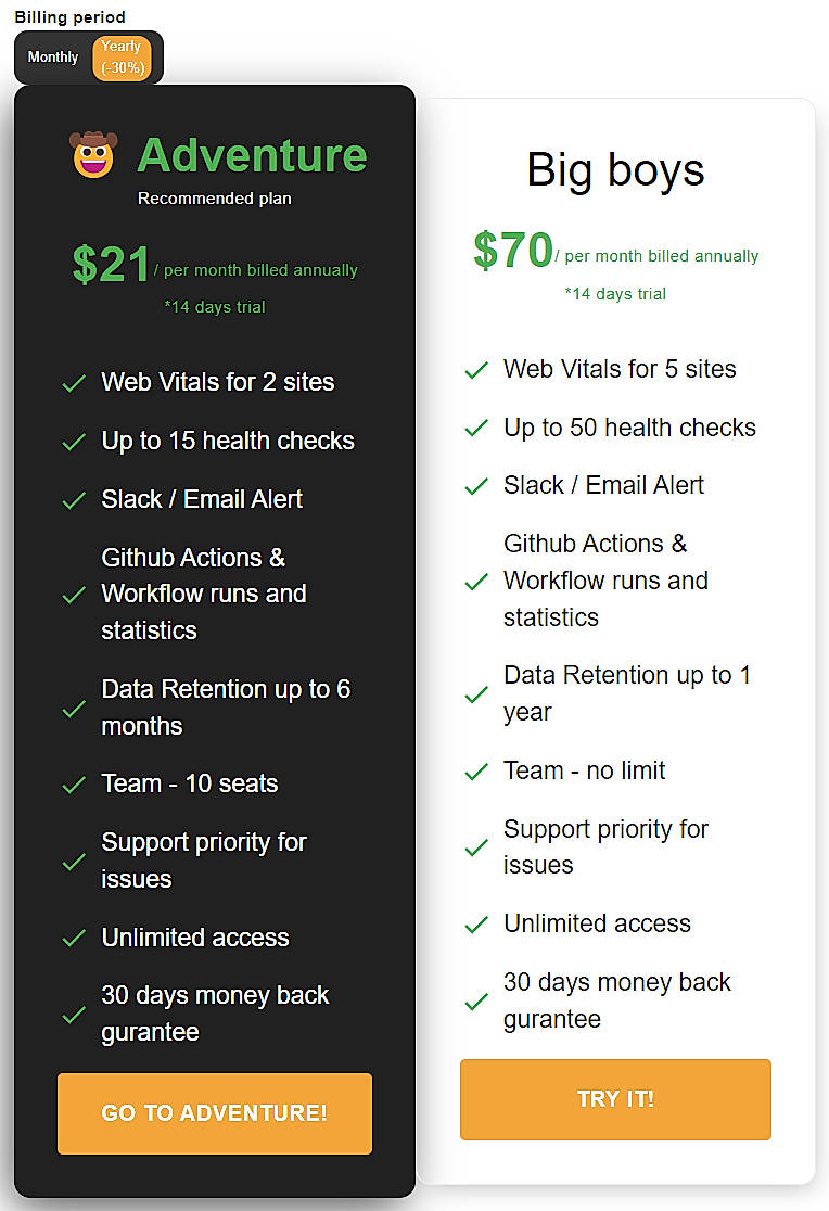 Pricing screenshot