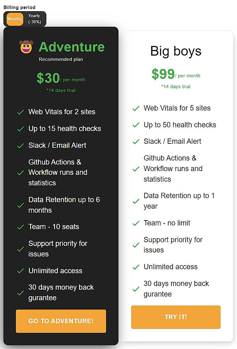 Pricing screenshot