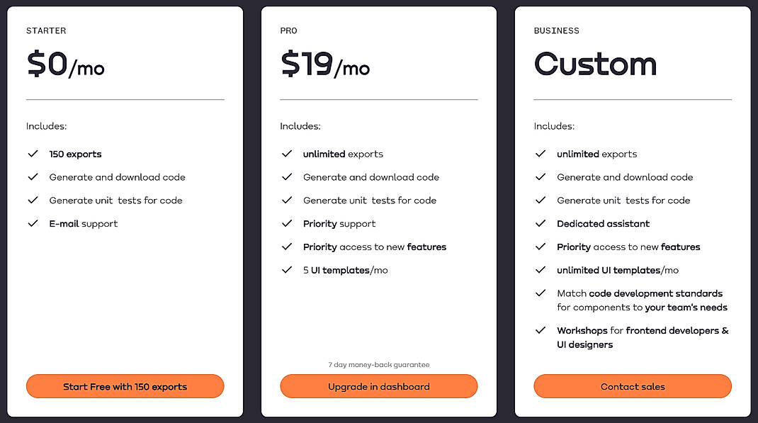 Pricing screenshot