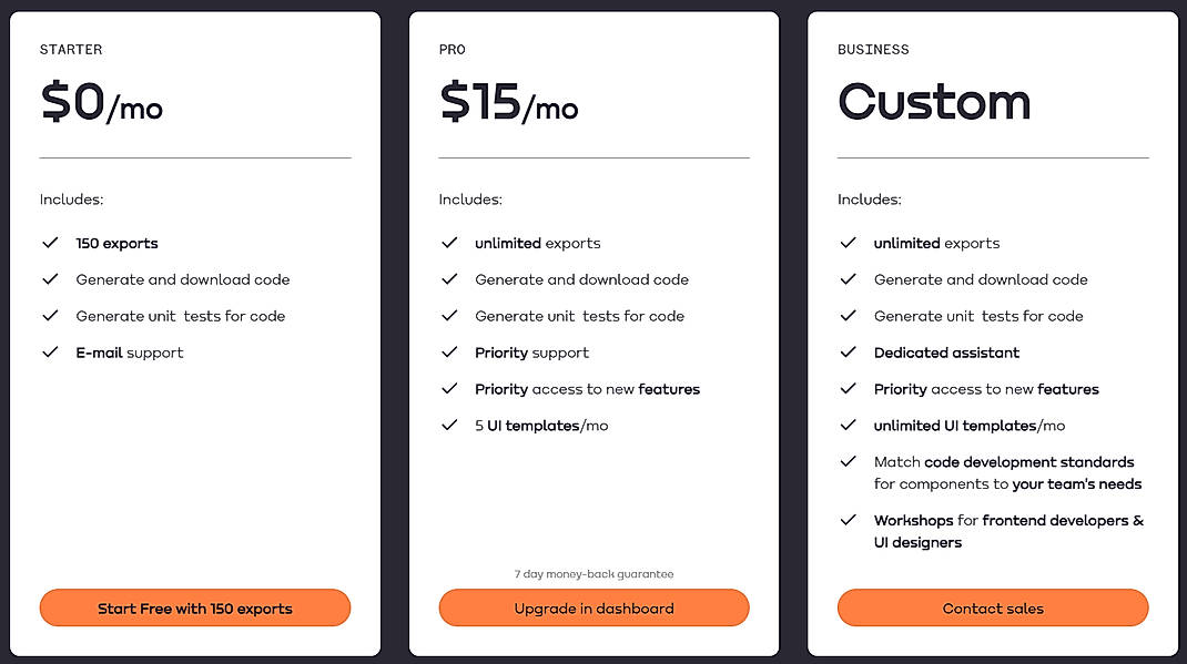 Pricing screenshot