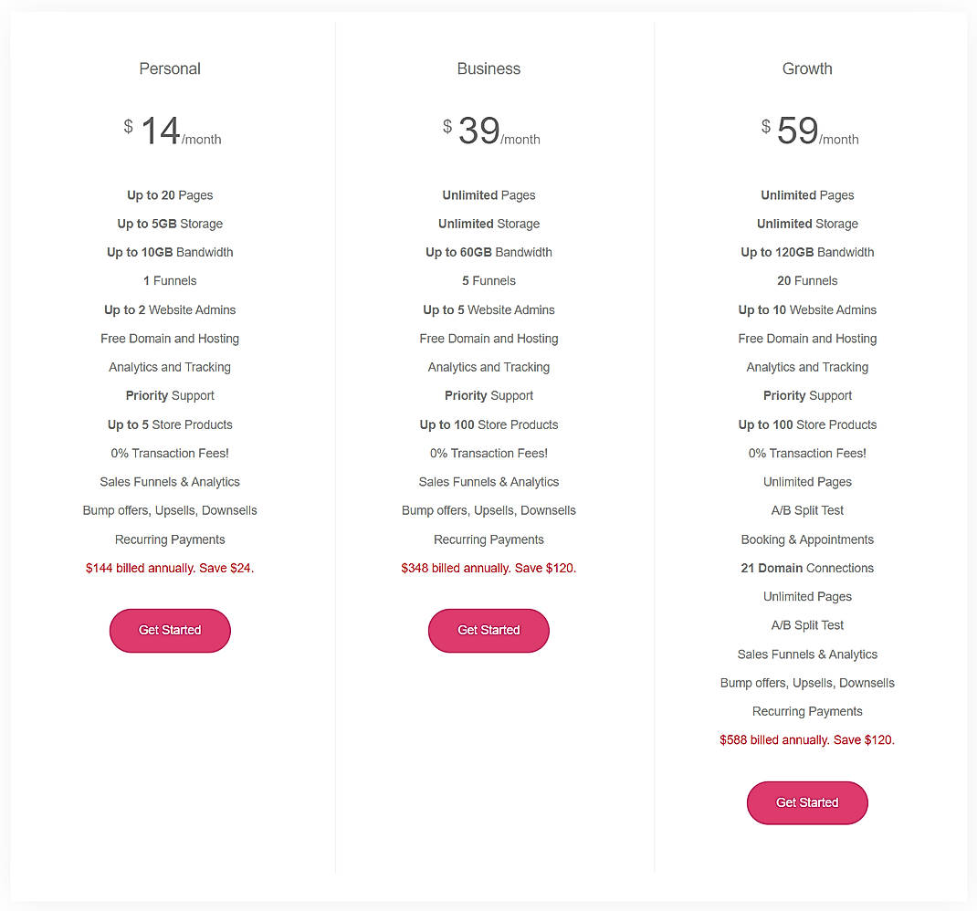 Pricing screenshot