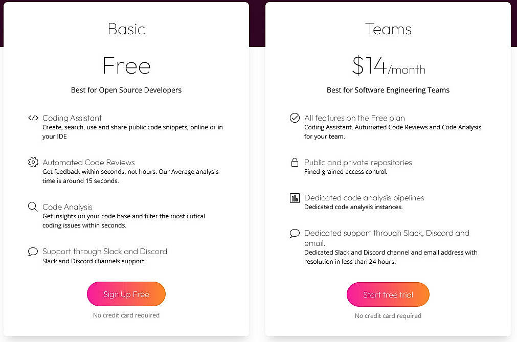 Pricing screenshot