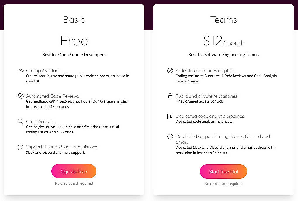 Pricing screenshot