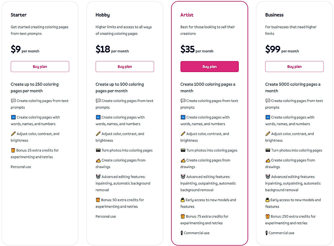 Pricing screenshot