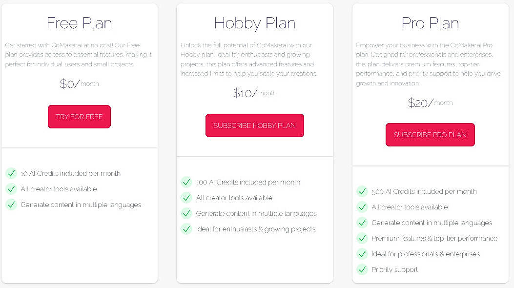 Pricing screenshot